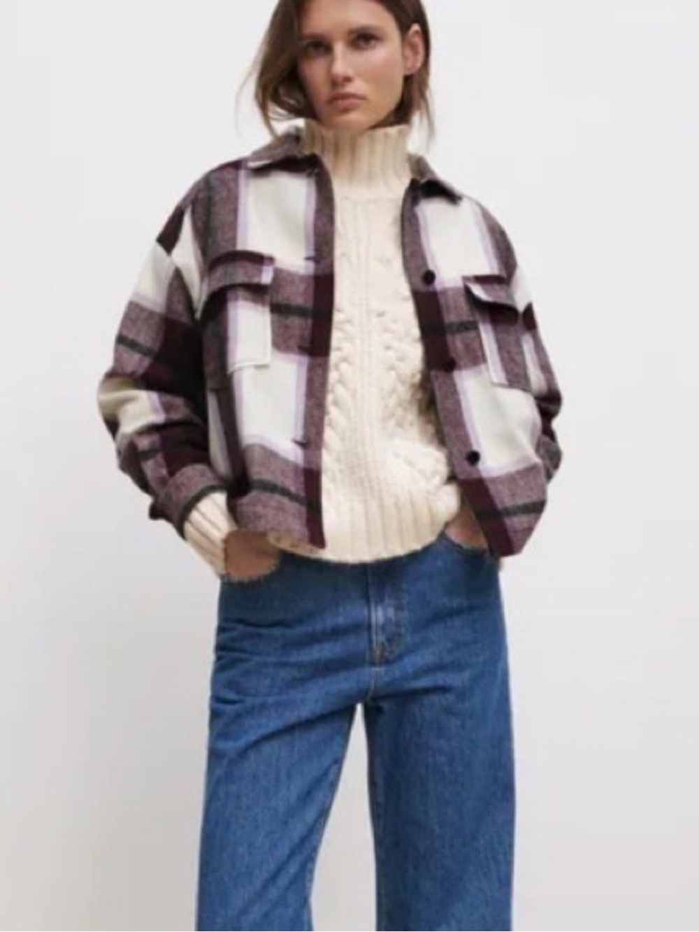 Zara purple plaid cropped shacket overshirt size s